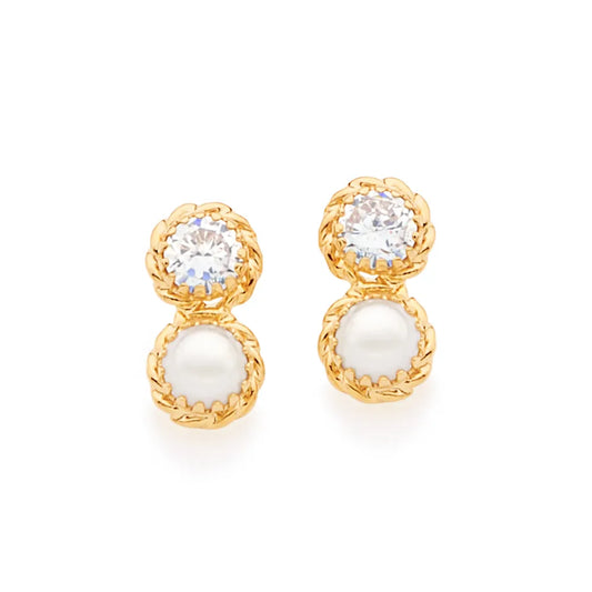 BOUCLES D’OREILLES SYMBOLE DE L’INFINI – PLAQUÉ OR 18 CARATS, ZIRCONS & PERLES SYNTHÉTIQUES