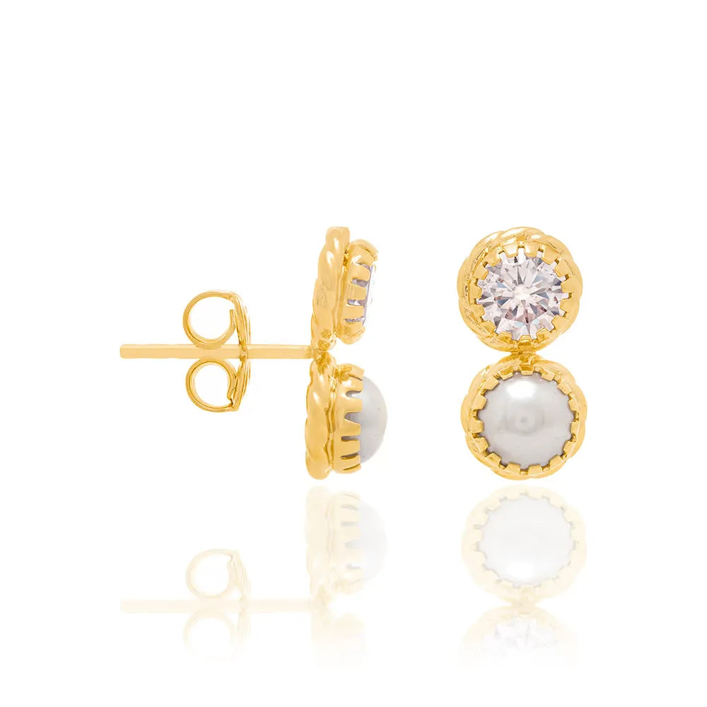 BOUCLES D’OREILLES SYMBOLE DE L’INFINI – PLAQUÉ OR 18 CARATS, ZIRCONS & PERLES SYNTHÉTIQUES